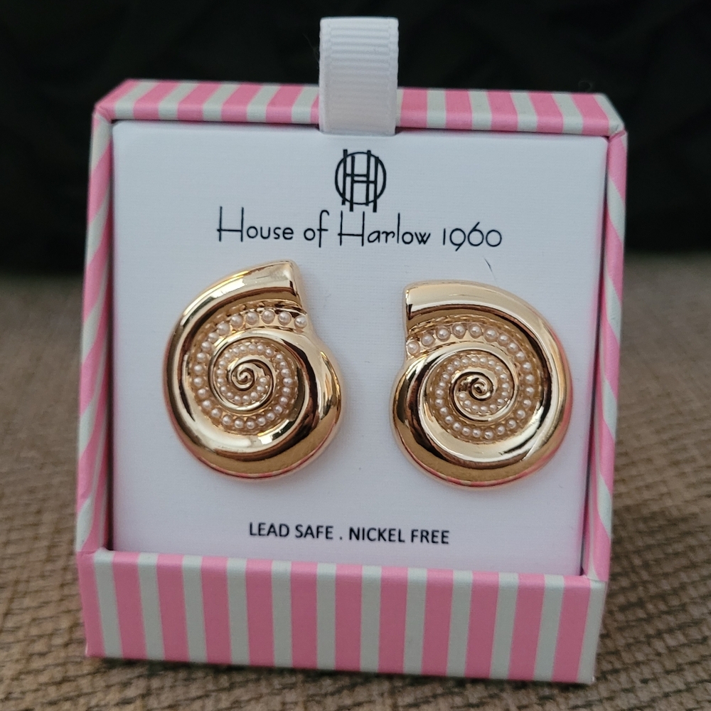 HOUSE OF HARLOW 1960 GOLDTONE SPIRAL SHELL STUD EARRINGS